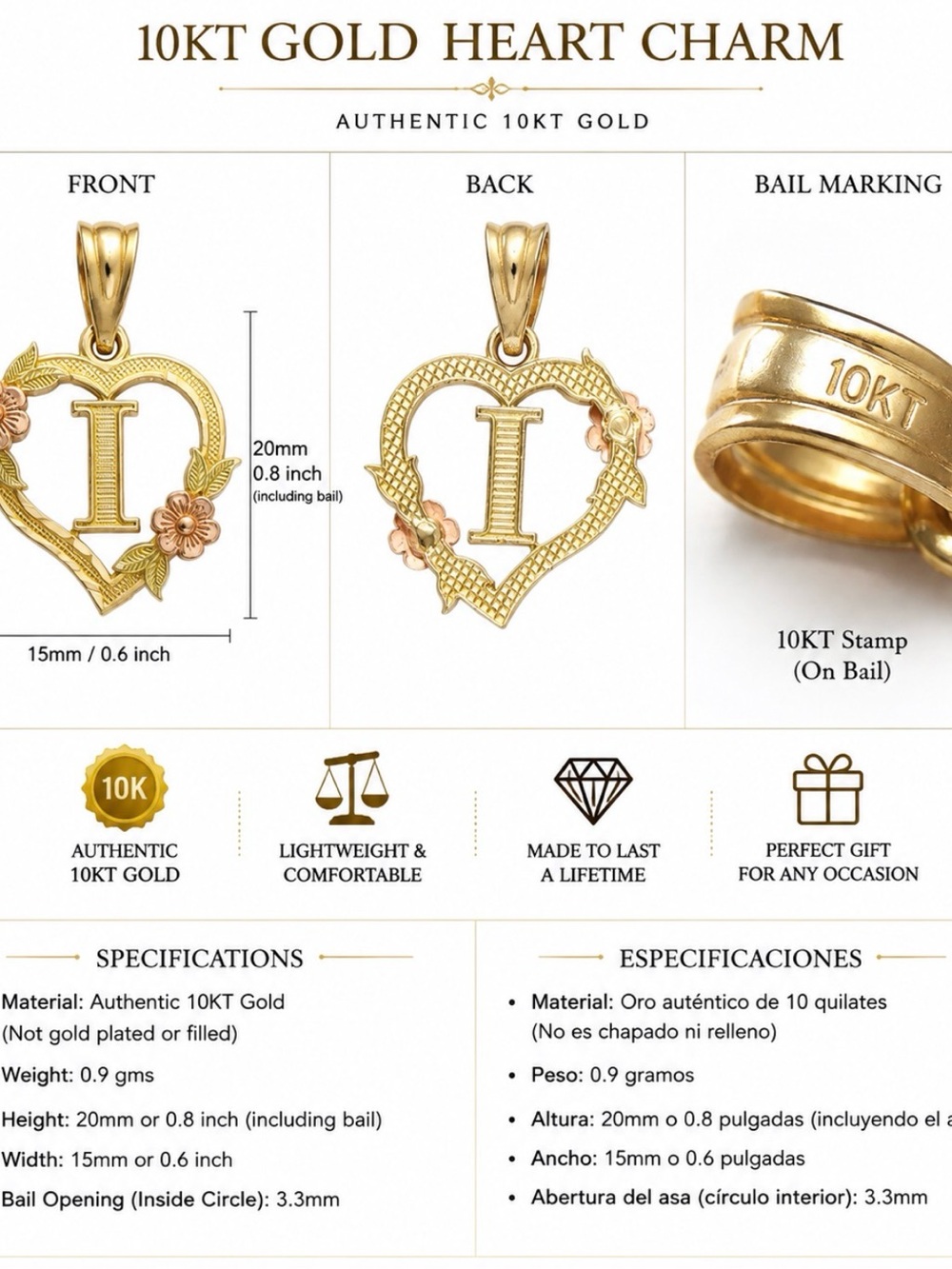 10KT Gold Heart Initial 'I' Charm Pendant - Yellow Gold